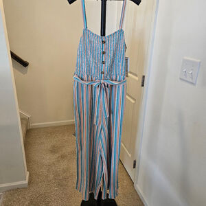 NWT Women's Almost Famous Jumpsuit Size 2X Blue Orange Pink White Striped